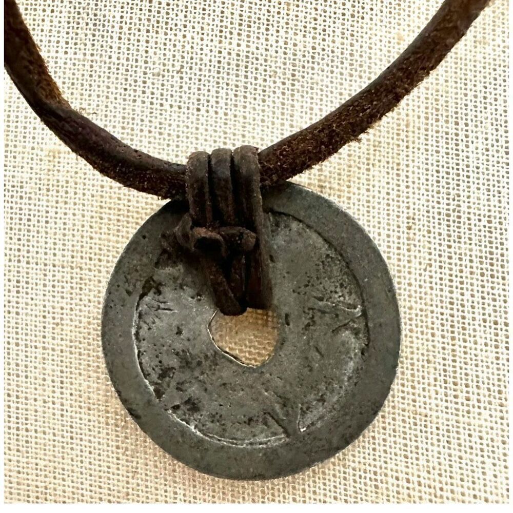 Antique Chinese Old Coin Brown Cord Necklace
